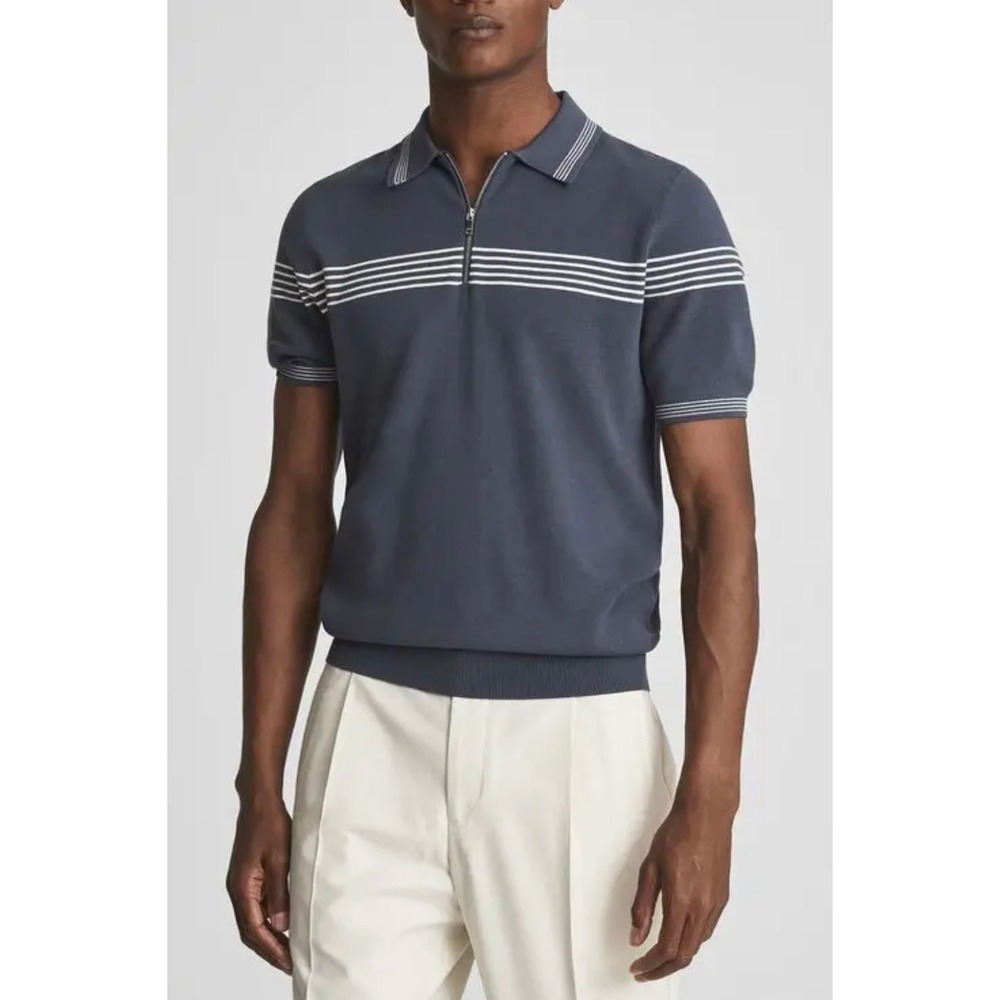 Reiss Mens Blue Striped Quarter Zip Knit Polo Shirt Size M Cotton Modal Blend